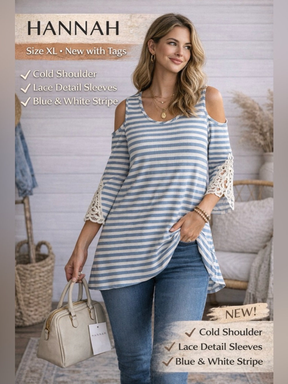Hannah Blue & White Striped Cold-Shoulder Tunic with Lace Sleeves